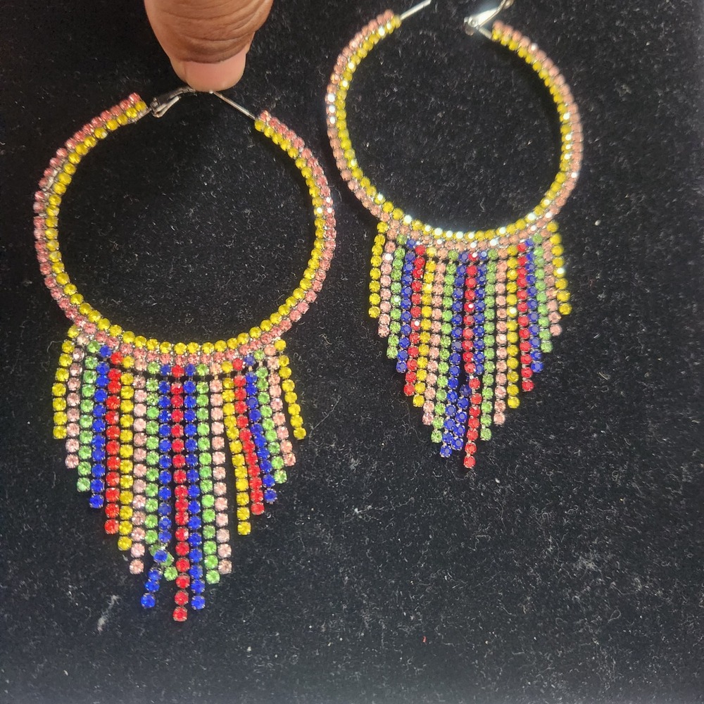 Multi Color Rhinestone Fringe Hoop Earrings Rainbow Crystal Tassel Statement - Picture 8 of 11